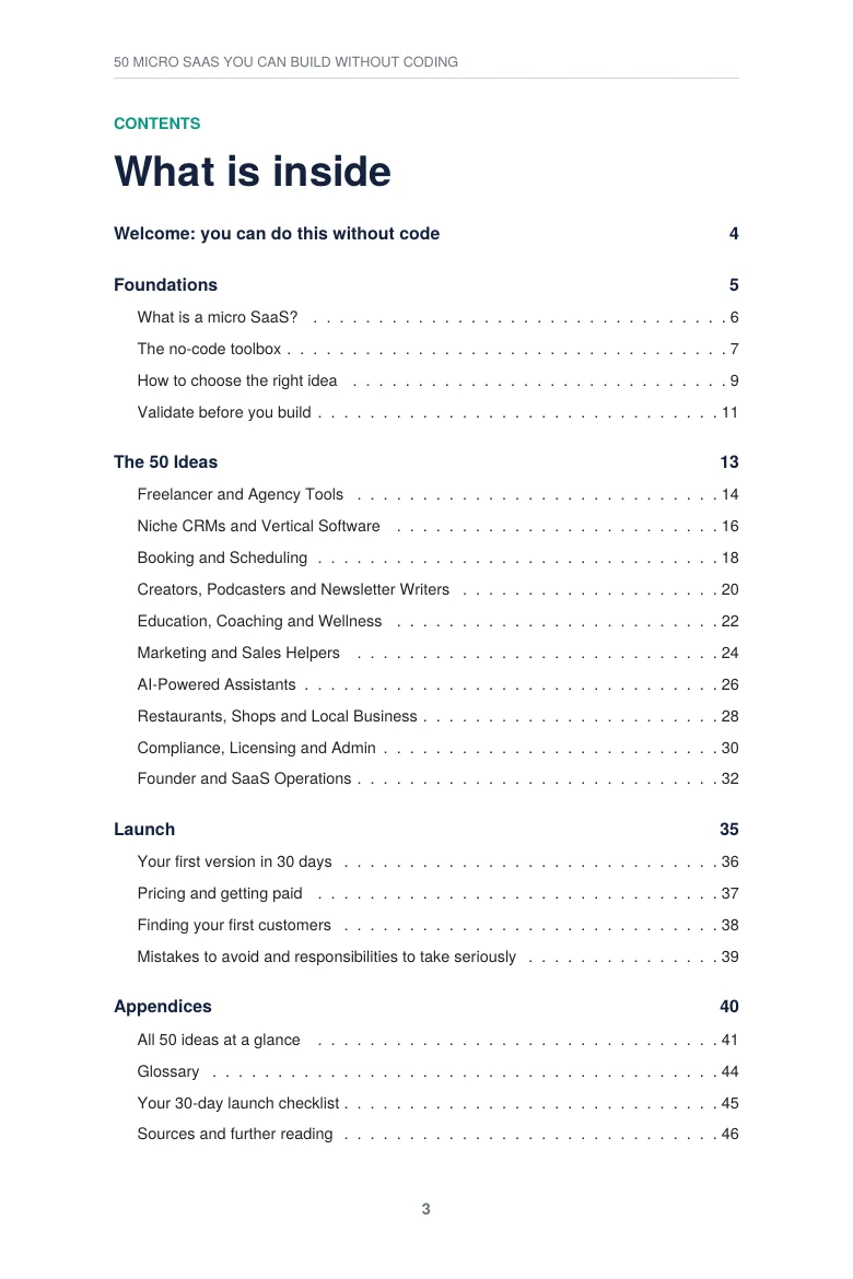 Contents page of the eBook listing Foundations, The 50 Ideas, Launch and Appendices